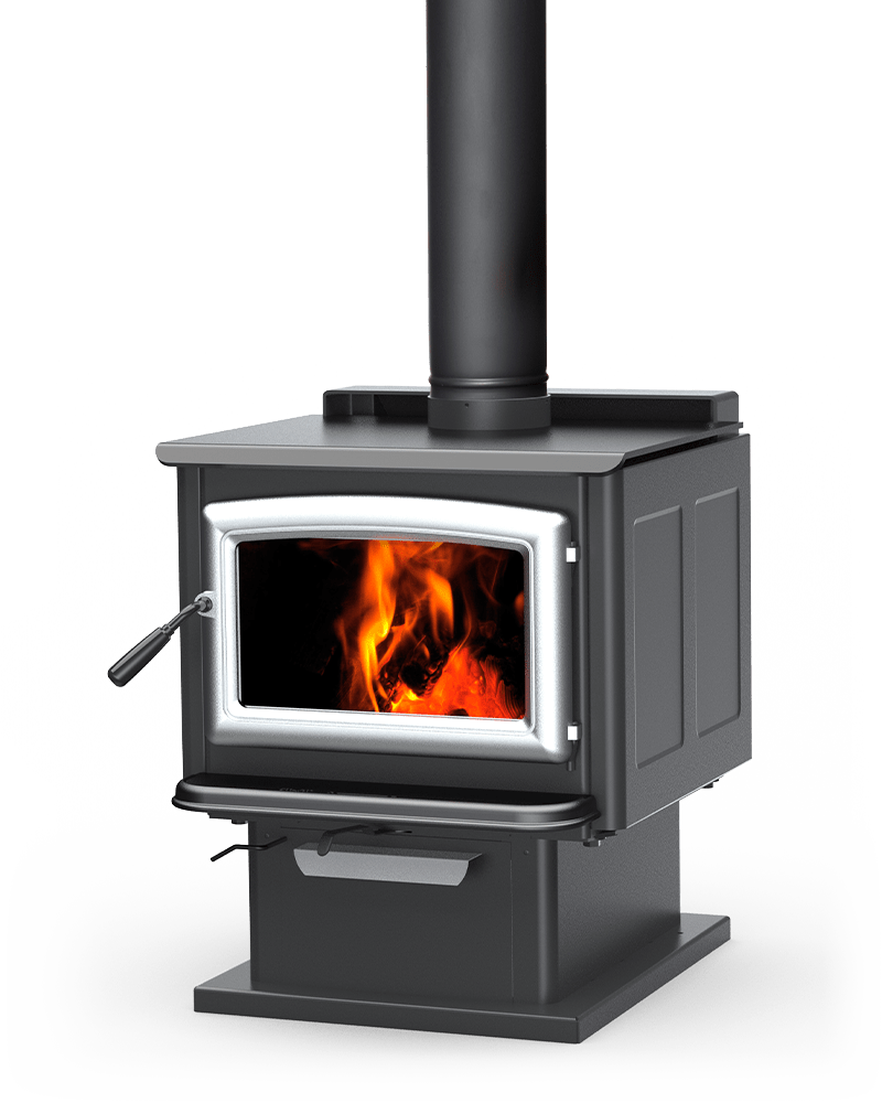 Super LE wood stove with pedestal and nickel door