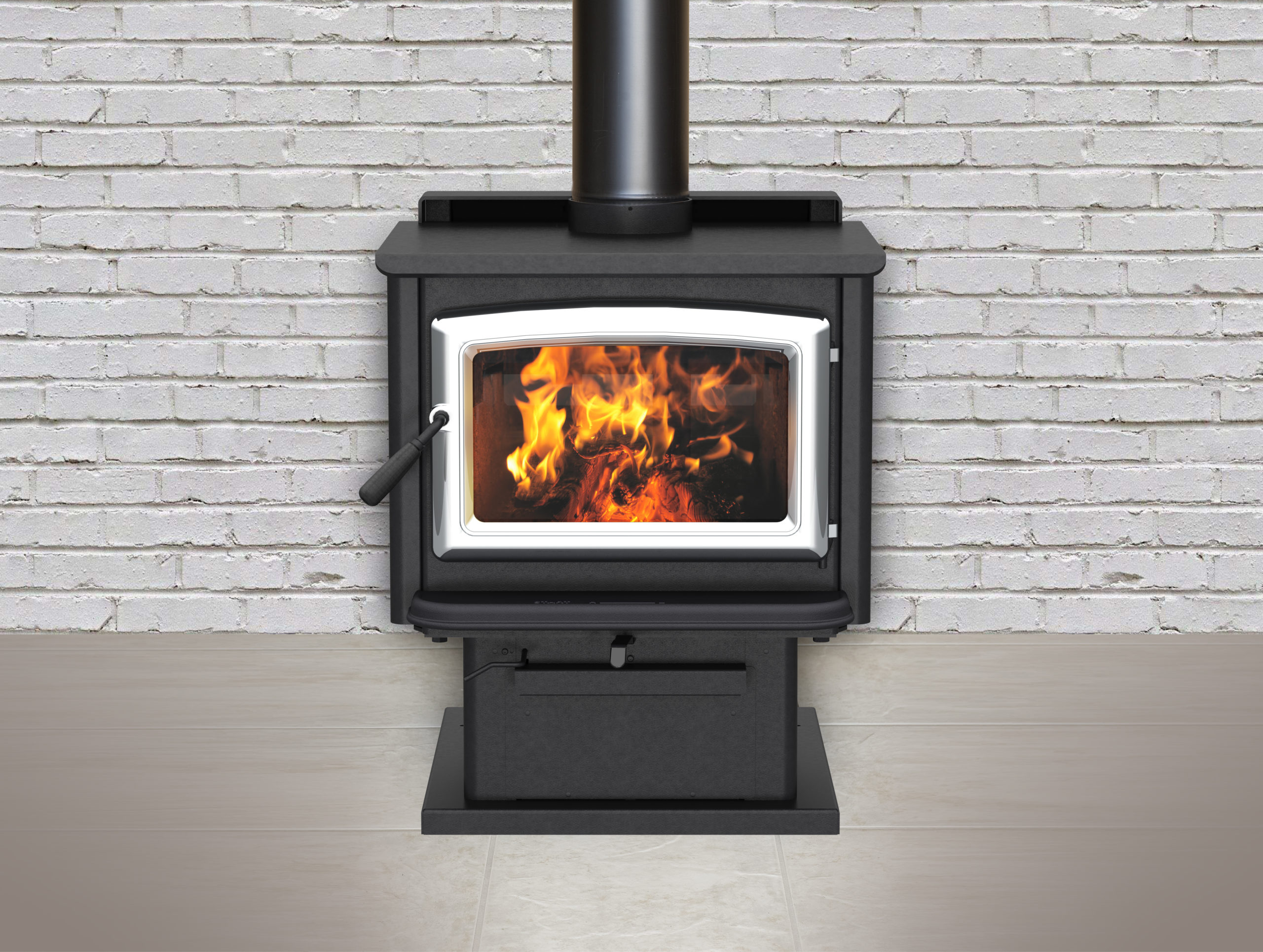 Super LE wood stove pedestal model with brushed nickel door